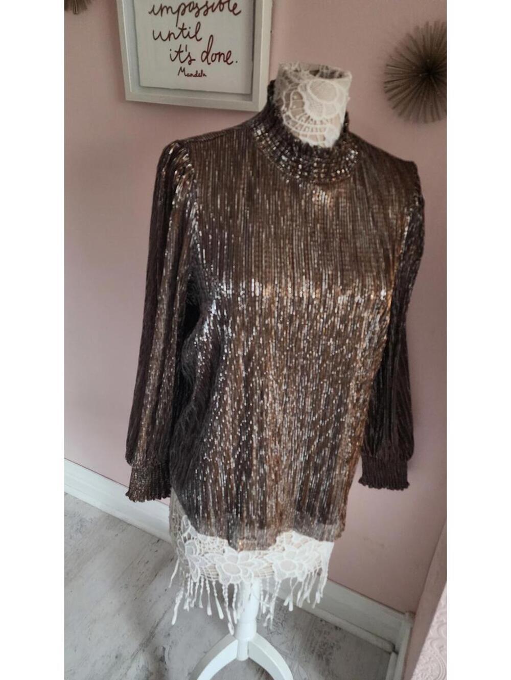 LKNW BODEN brown gold silver mock neck unique blouse 12